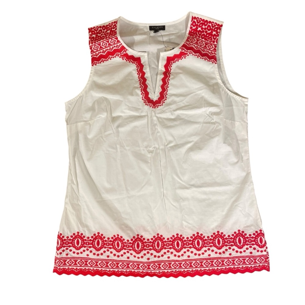 Talbots White Top with Red Embroidery Tank Top
